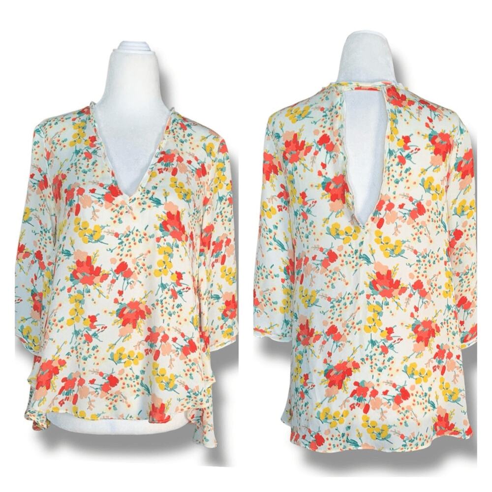 Zara Basic Top Floral Chiffon Blouse Open Back Deep Vneck Flowy Boho Spring XS